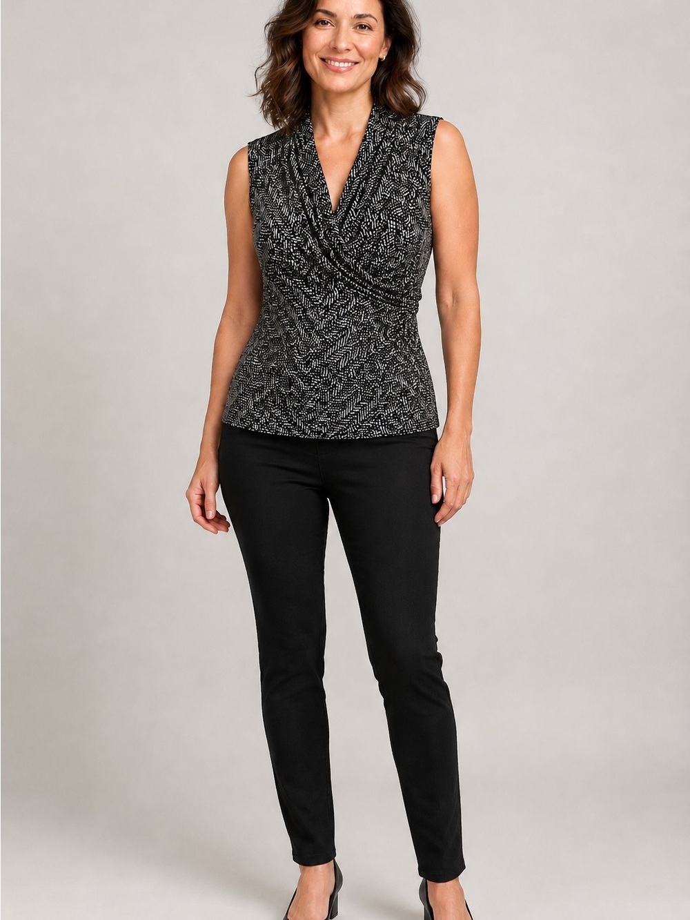 Ann Taylor Black Ivory Abstract Print Draped Cowl Neck Tunic Top M
